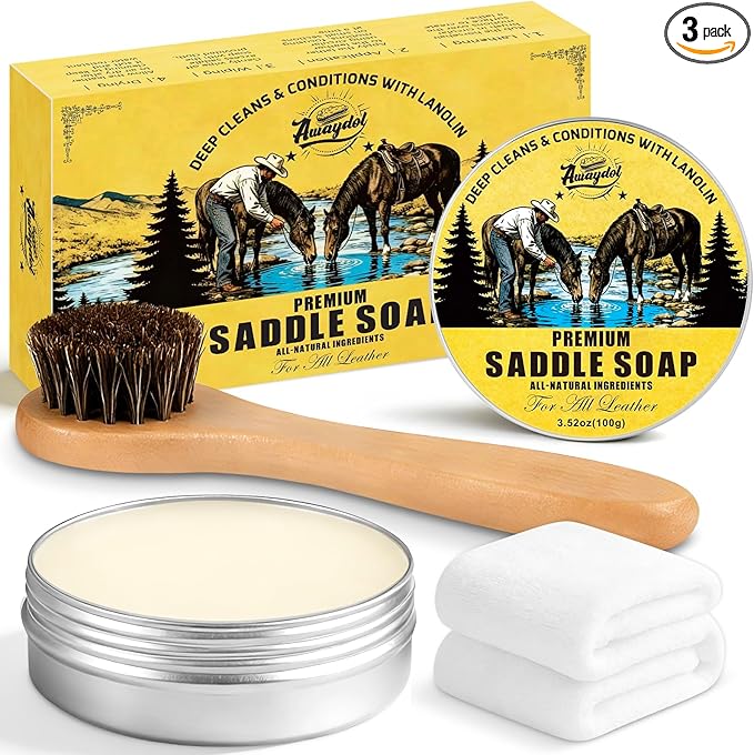 Saddle Soap for Leather 3.52oz,3-in-1 Leather Cleaner & Conditioner to Soften,Protect Leathercraft with Horsehair Brush & Cloth,Leather Soap for Car Interior,Couch,Shoe,Purse,Boot,Bag & Saddle