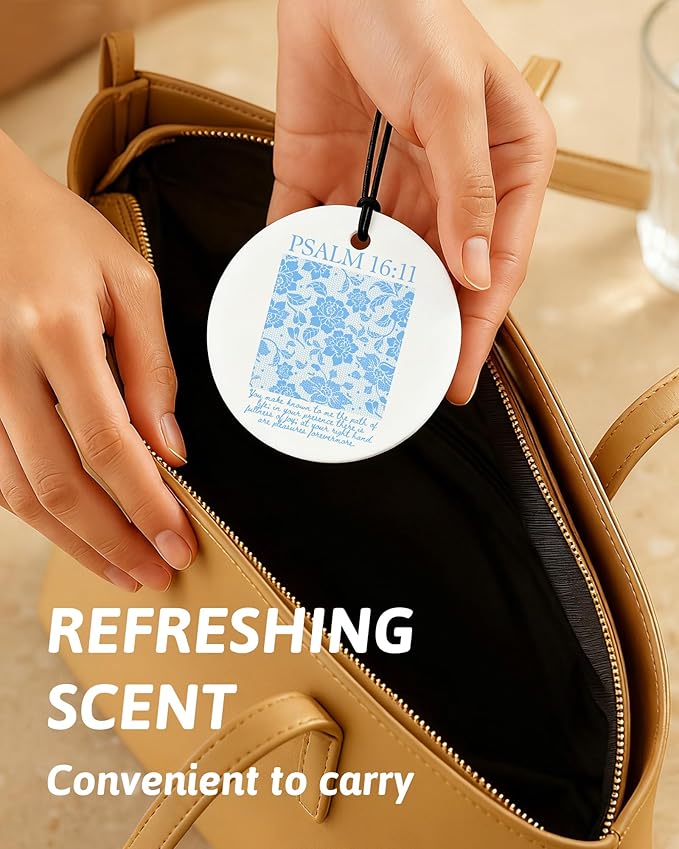Blue Christian Round Car Air Freshener 4 Pcs, Girly Blue Bow Floral Religious Hanging Air Freshener for Cars Closet Drawer Books, Cute Preppy Christian Car Accessories Mirror Decor for Women