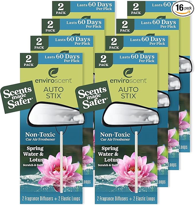 Enviroscent Non-Toxic* Car Air Freshener Auto Stix® - Scents Made Safer - Enjoy Fragrance Lasts Up to 480 Days - Includes Auto Stix® Diffusers & Elastic Loops - Spring Water & Lotus (Pack of 8)