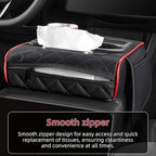 5 in 1 Car Center Console Cover, Armrest Pad with 2 Storage Pockets, Cup Holder, Tissue Box Slot, Phone Holder, Universal Car Interior Organizer (Black with Red Stitching)