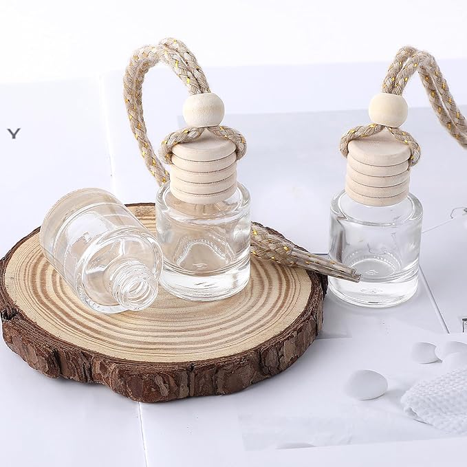 20Pcs Hanging Empty Car Freshener Glass Bottle, Essential Oil Car Diffuser, Aromatherapy Fragrance Perfume Diffuser Bottle Pendant with Wooden Caps & Hanging String(8ML)