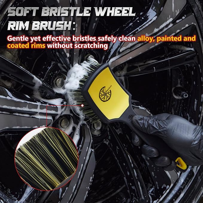 Wheel & Tire Brush Set, 2 Pack Car Wheel Brush & Tire Cleaner Brushes, Soft Bristle Rim Brush and Stiff Tire Scrub Brush, Scratch-Free Wheel Cleaning Kit for Car Detailing, Trucks, SUVs