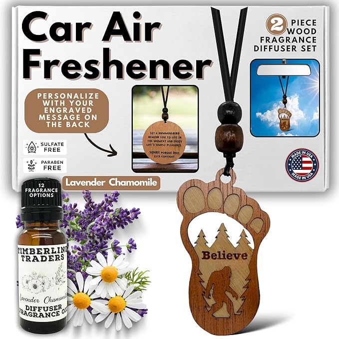 Personalized Car Air Freshener, Wood Diffuser and Fragrance Oil Set, Custom Message, Rearview Mirror Charm, Bigfoot Believe, Sasquatch, Auto Accessory for Men or Women (Lavender Chamomile)