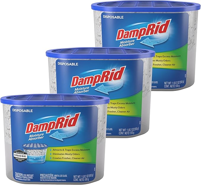 DampRid Fragrance Free Disposable Moisture Absorber with Activated Charcoal, 18 oz (Pack of 3) Odor Remover, Lasts Up to 60 Days, No Electricity Required