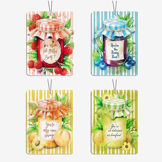 Fruit Jam Jar Car Air Freshener 4 Pcs, Watercolor Raspberry Blueberry Peach Scented Hanging Decor for Women Girls, Vehicles Home Office, Gift Idea Mirror Accessory