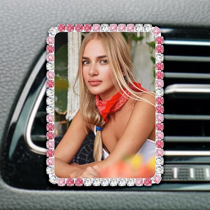Custom Rhinestone Car Vent Clip Air Freshener with Photo – Personalized Acrylic Picture Frame for Car Interior Decoration Accessories, Rectangular Shape (Mixed Pink, One Size)