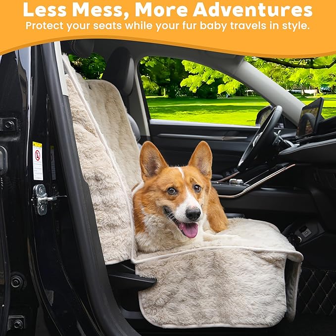 Dog Car Seat Cover for Back Seat & Front Seat, Plush Faux Fur Pet Car Seat Protector with Waterproof Layer, Non-Slip Bottom, Side Flaps, Machine Washable (Front Seat Beige)