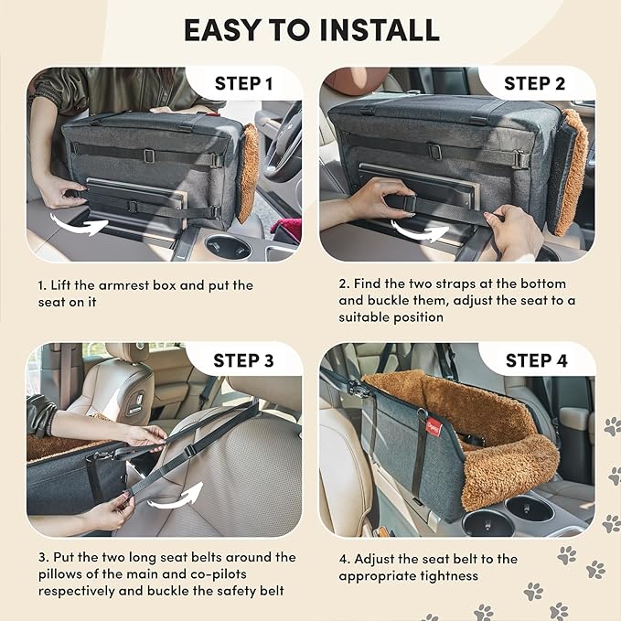 BurgeonNest Center Console Small Dog Car Seat - Portable Pet Cat Puppy Booster Armrest Carseat Up to 11lbs, Anti-Collapse Comfort Car Travel with Washable Fluffy Cushion and Pillow, Brown