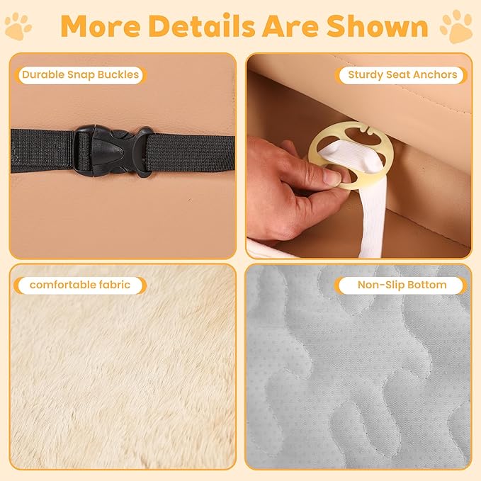 Dog Car Seat Cover for Back Seat & Front Seat, Plush Faux Fur Pet Car Seat Protector with Waterproof Layer, Non-Slip Bottom, Side Flaps, Machine Washable (Front Seat Beige)