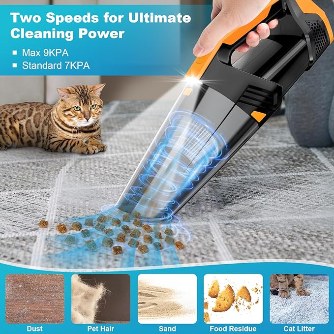 Car Vacuum Portable with LED Light, High Power Suction, Lightweight Rechargeable Hand Vacuum, Hand Held Vacuum Cleaner for Car Home Office, Pet Hair, Orange