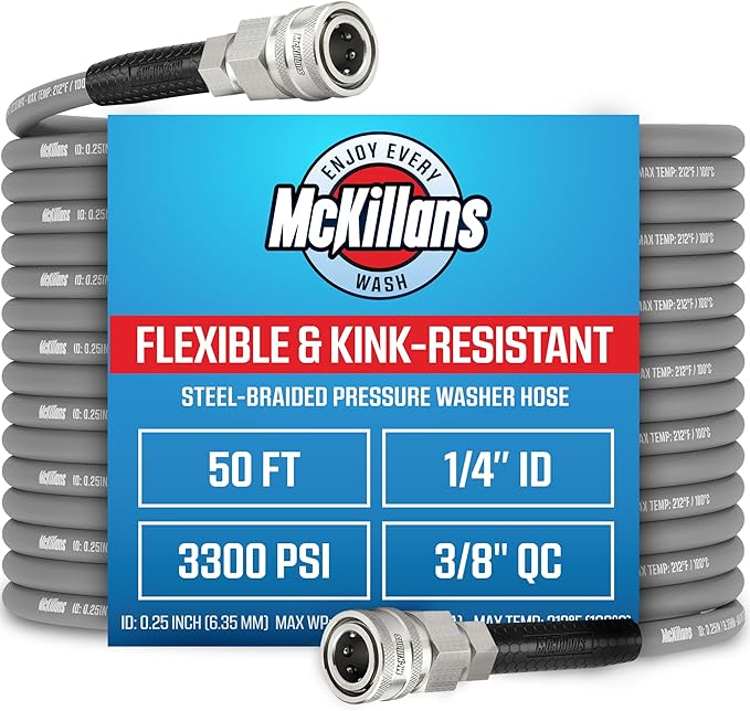 McKillans® QC Installed Pressure Washer Hose 50 ft - Flexible & Kink-resistant - Steel-Braided & Durable- 3/8" QC Pre-Installed Stainless Steel - Power Washer Hose - High Pressure 1/4" Inner Diameter