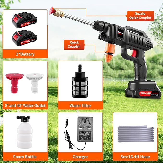 Papasbox Cordless Pressure Washer with Foam Cannon, 60 Bar 1500W High Pressure Washer, 2×2.0Ah Batteries & 5m Hose, Portable Power Washer for Car Cleaning, Home, Garden, and Outdoor Use