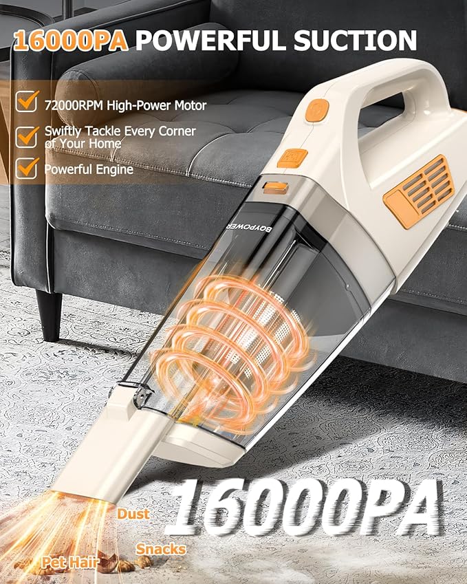 BQYPOWER Handheld Vacuum Cordless, 16000PA Strong Suction Hand Held Vacuum Dust Busters Cordless Rechargeable with Multiple Accessories, Portable Car Vacuum Cleaner High Power for Car Home Office