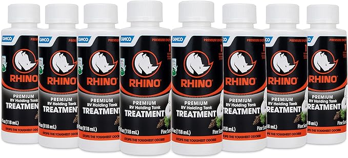 Camco RhinoFLEX Premium Enzyme RV Holding Tank Treatment Singles | Features a Biodegradable Septic Safe Formula, a Pine Scent, and is Ideal for RVing, Boating, and More | (8) 4 oz Bottles (41511)