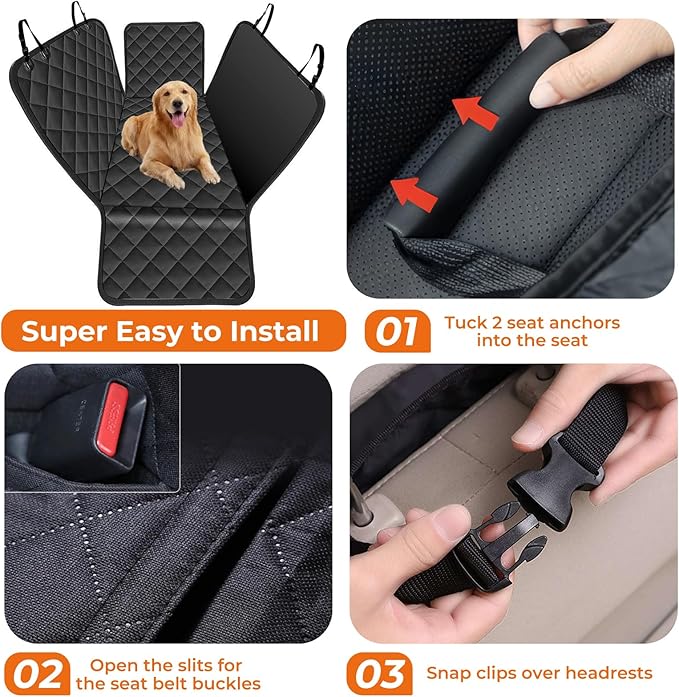 Dog Car Seat Cover for Pets Waterproof Seat Cover Hammock Nonslip Durable 600D Heavy Duty Scratch Proof Soft Back Seat Covers for Cars Trucks and SUVs, Black