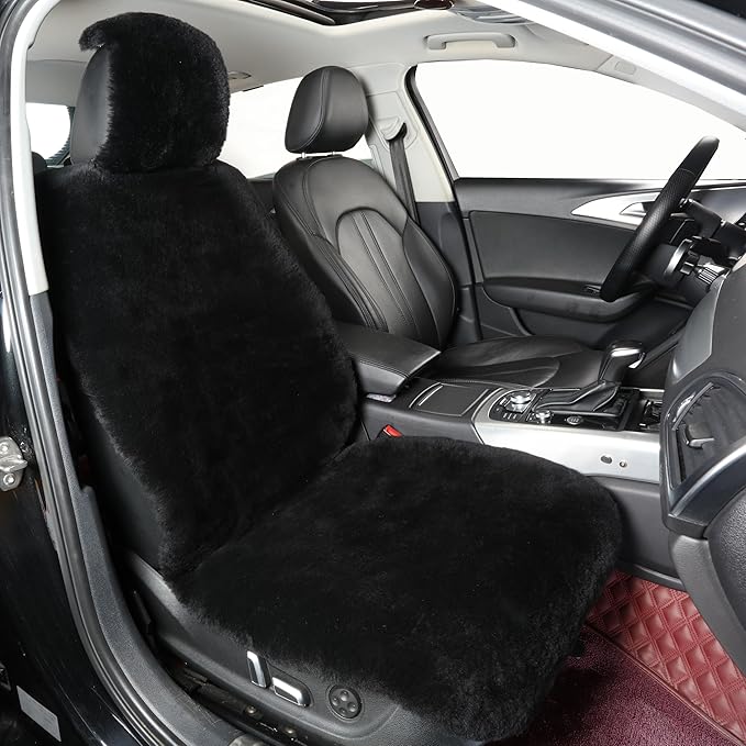 Natural Fur Sheepskin Universal car seat Covers for seat Cushion Auto Accessories, (Inky Black, Universal Fit)