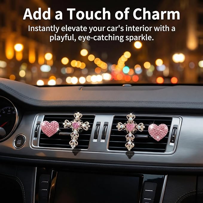 4Pcs Cute Car Vent Clips for Women Pink Bling Air Fresheners with Cross and Heart Y2K Luxury Car Accessories Couture Style Decorations Girly Clip Decor Freshener for Girls