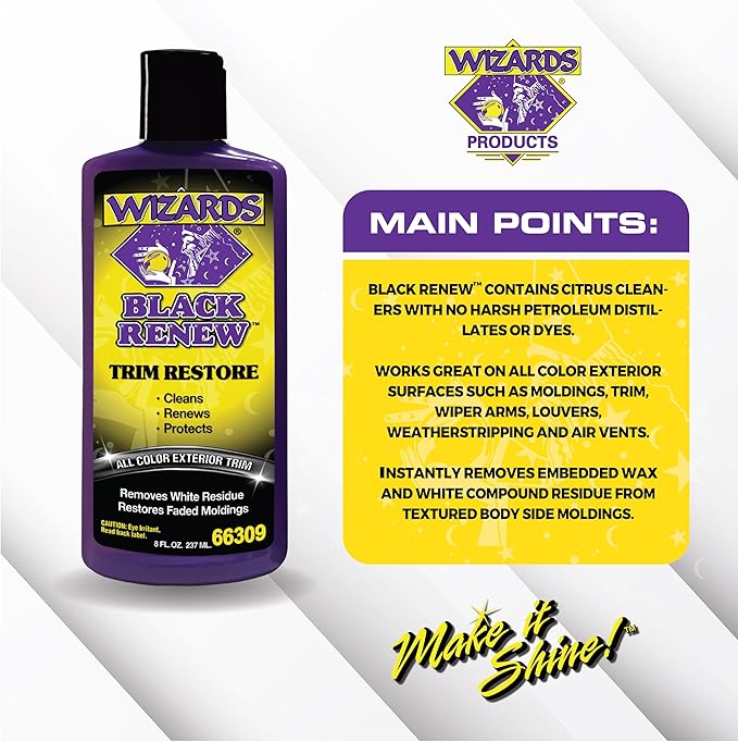 Wizards Black Renew Trim Restorer Treatment - Removes White Residue and Restores Faded Moldings -Car Interior Detailing Kit For All Smooth and Textured Trim, Plastic and Rubber Surfaces - 8 oz
