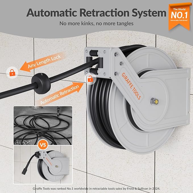 Giraffe Tools Pressure Washer Hose Reel 65ft, Power Washer Hose Reel, Pressure Washer Retractable Hose Reel, Heavy Duty, Wall/Floor Mounted, 2600 PSI