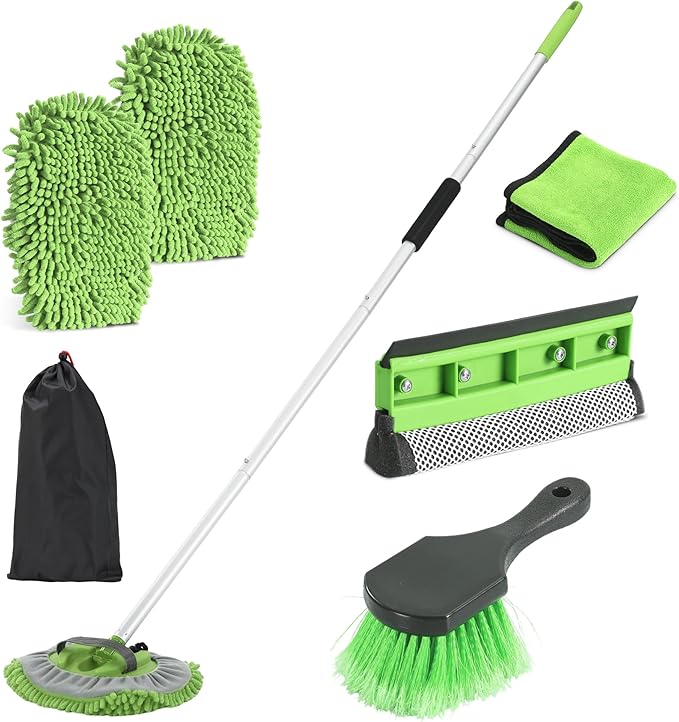 Car Wash Brush with Long Handle, 60'' Car Wash Mop, 7Pcs Chenille Microfiber Cars Washing Kit with Window Squeegee/Microfiber Towels /Wheel Brush for Cars RV Truck Boat Floor Window, Green