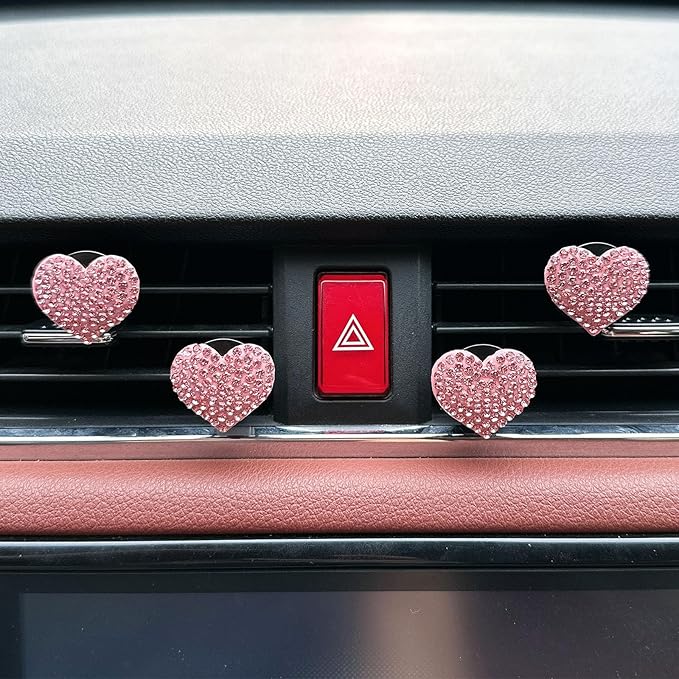 Crystal Heart Car Air Vent Clips, Sparkly Rhinestone Bling Diamond Auto Freshener Holder 4 Pack with Fragrance (Pink, Ocean)
