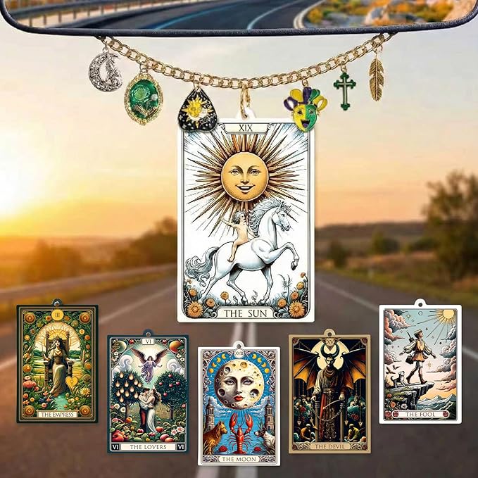 Tarot Card Car Air Freshener Rear View Mirror Accessories, 6 Pcs Boho Witchy Hanging Ornament with Charm Chain, The Sun Moon Aesthetic Car Decor, Scented Paper Diffuser Set for Women Men
