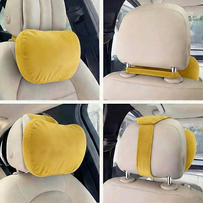 2PCS Car Pillow for Car Neck Pillow for Driving Seat Neck Support Soft Cushion Back Support Head-Rests for Vehicle Sleeping with Elastic Adjustment Strap (Golden, Head)