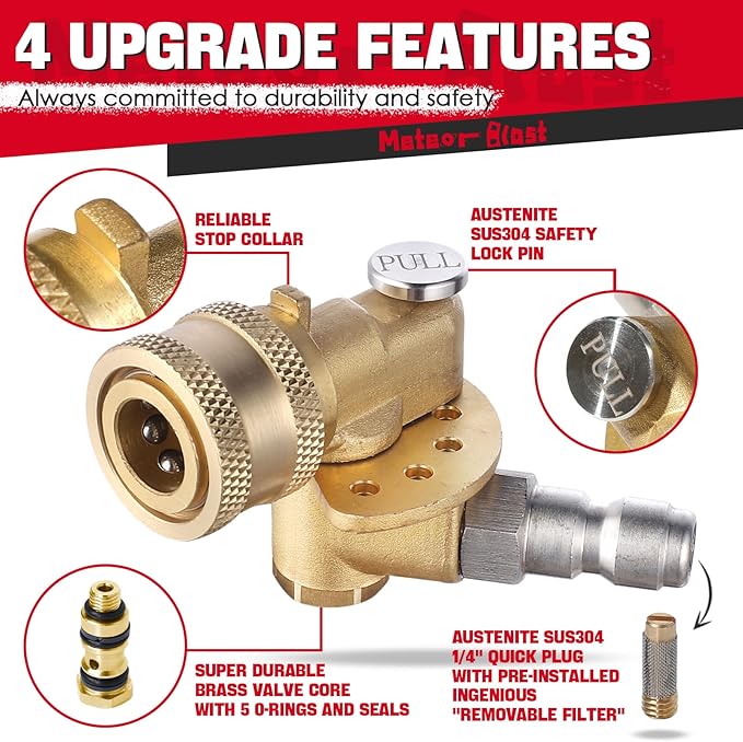 Meteor Blast Pivoting Coupler with 8 pressure washer nozzle tips 2.5gpm, 5 Angles 120 degree, heavy duty design and Stainless Steel Safety Lock, Clean Hard to Reach Area, 5000PSI, 1/4” Quick connect