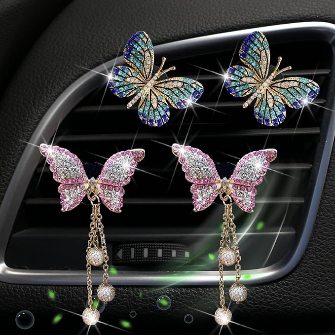 Blue and Pink Butterfly Air Vent Clip Accessories Air Conditioning Outlet Clip Car Air Freshener Dashboard Accessories Charm Car Inter Decor Cute Interior Accessories for Women (4 Pcs)
