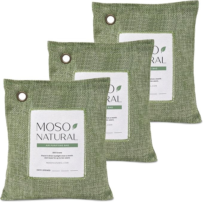 Moso Natural Air Purifying Bag 200g (3 Pack). A Scent Free Odor Eliminator for Cars, Closets, Bathrooms, Pet Areas. Premium Moso Bamboo Charcoal Odor Absorber. Two Year Lifespan! (Green)