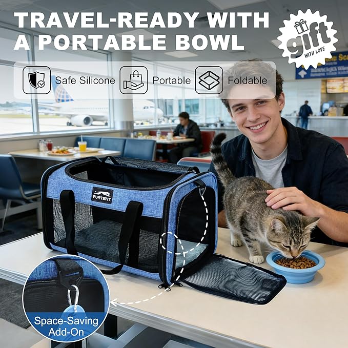 Pet Carrier Airline Approved, Soft Sided Cat Carrier for Small Pets up to 13 lbs, TSA Approved Dog Travel Bag with Foldable Bowl, Portable Soft Sided Pet Carrier for Kittens and Puppies