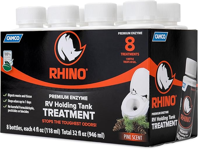 Camco RhinoFLEX Premium Enzyme RV Holding Tank Treatment Singles | Features a Biodegradable Septic Safe Formula, a Pine Scent, and is Ideal for RVing, Boating, and More | (8) 4 oz Bottles (41511)