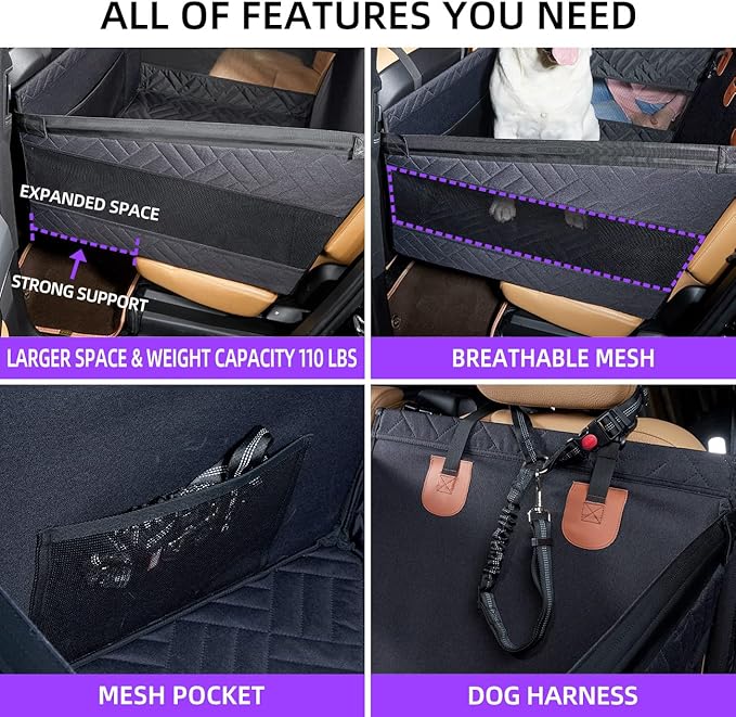 Large Dog Car Seat,Back Seat Extender for Dogs,Waterproof Medium Dog Seat Cover for Backseat, Pet Bed for Car Hammock(Black-L)