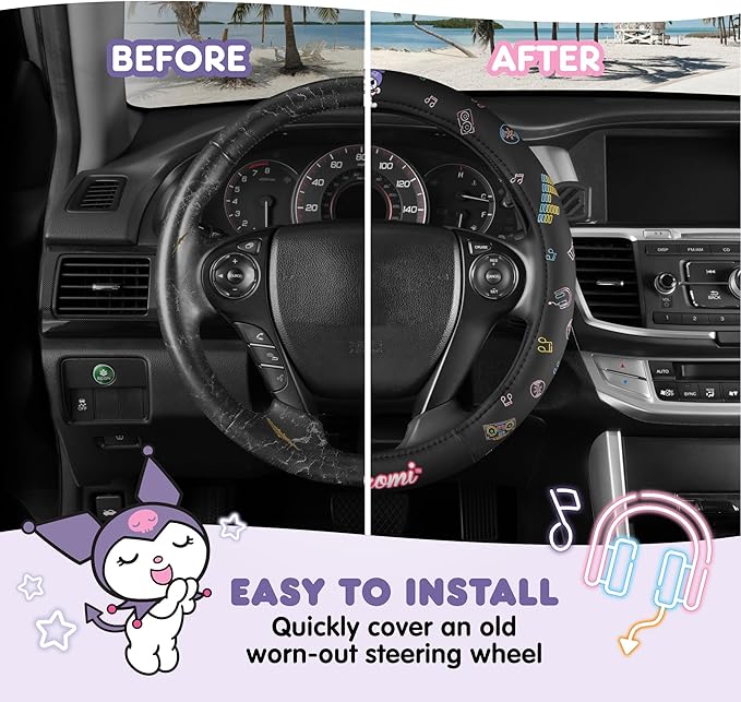Kuromi Steering Wheel Cover, Official Sanrio Car Steering Wheel Cover with Easy Clip-on Car Air Freshener – Cute and Long-Lasting Kuromi Air Freshener for Car, Odor Eliminator, Fun Scents