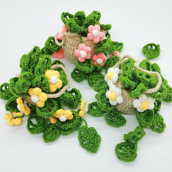 Knitted Boho Plant Hanging Ornament, Cute Crochet Car Plant Basket, Rear View Mirror Decoration - Yellow Flower