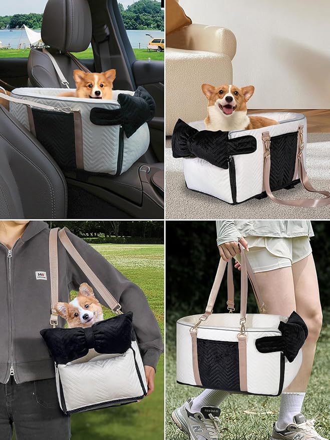 Small Dog Car Seat, Portable Dog Seat with Soft Washable Cushion,Center Console Dog Car Seat for Small Dogs Up to 13lbs(White)