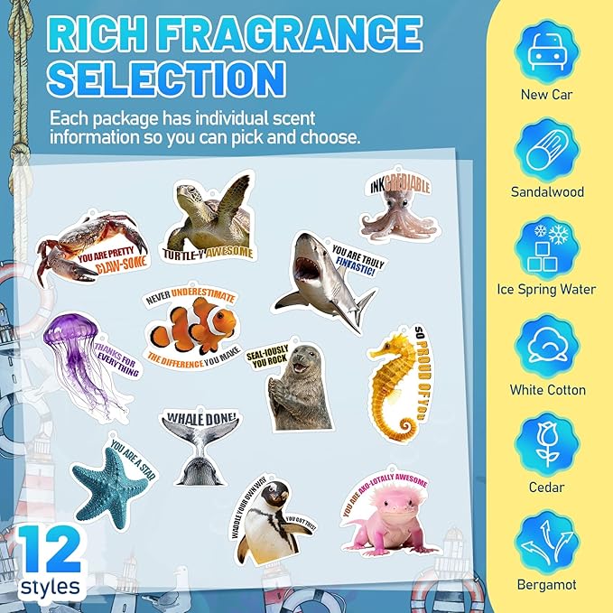 12 Pcs Employee Appreciation Gift Bulk Funny Air Freshener Car Scented Sea Animal Thank You Hanging Decor Inspirational Team Thank You Gift for Coworkers Staffs Nurse Teachers Student