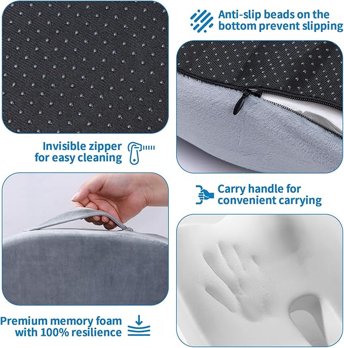 Car Seat Cushion, Memory Foam Cushion Non Slip for Wheelchair, Cars, Desk, Gaming & Office Chairs, Ergonomic Cushions Pad for Tailbone Pain Relief Sciatica & Back Support, Grey