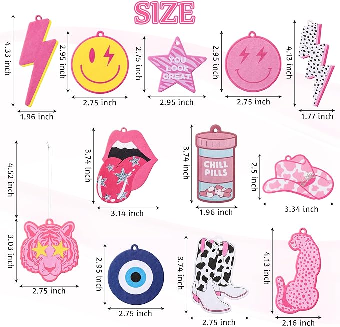 Laffact 12Pcs Preppy Boho Car Air Freshener Lightning Bolt Smile Cow Boots Pink Hat Lip Incense Chip Hanging Slice Essential Oil Pendant Diffuser Scented Decor for Car Interior Accessories Home