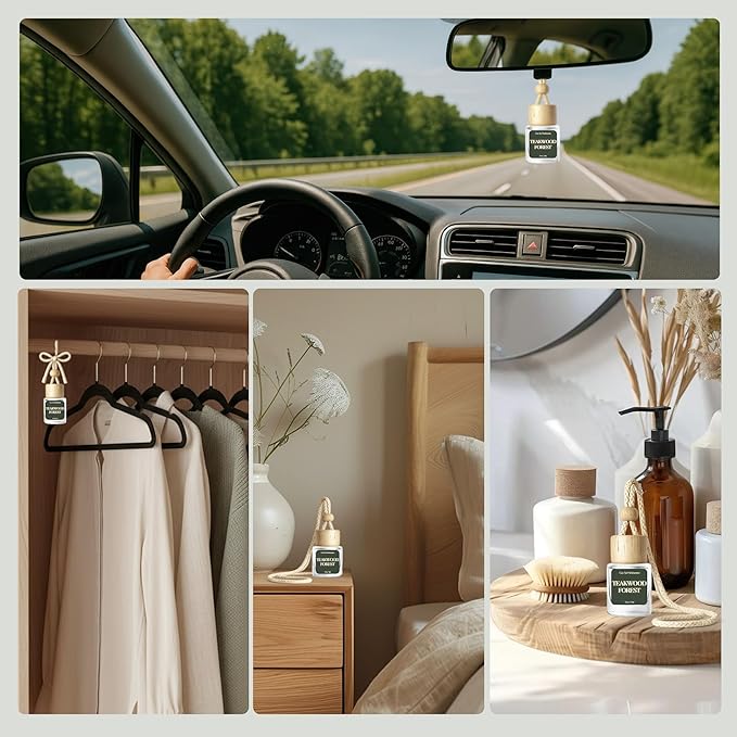 Car Air Freshener - Pack of 2 TeakWood Scent Hanging Car Air Diffuser - 0.27FL OZ/8ML Odor Eliminator - 60 Days Long Lasting Essential Oil Diffuser - Cars Accessories for Men & Women