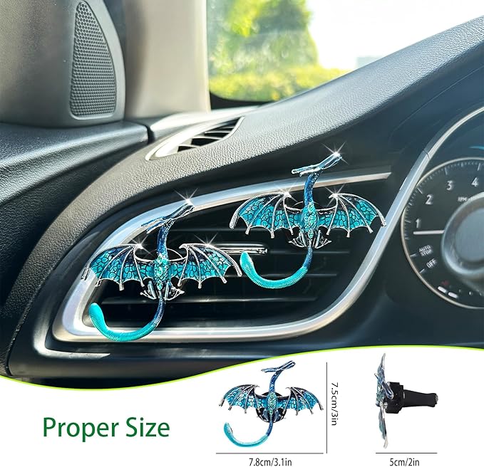 Dragon Car Decor,2pcs Toothless Dragon Car Air Freshener Vent Clips,Cute Blue Enamel Alloy Pterosaur Decoration Accessories for Women Teens,Refillable Diffuser