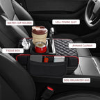 5 in 1 Car Center Console Cover, Armrest Pad with 2 Storage Pockets, Cup Holder, Tissue Box Slot, Phone Holder, Universal Car Interior Organizer (Black with Red Stitching)