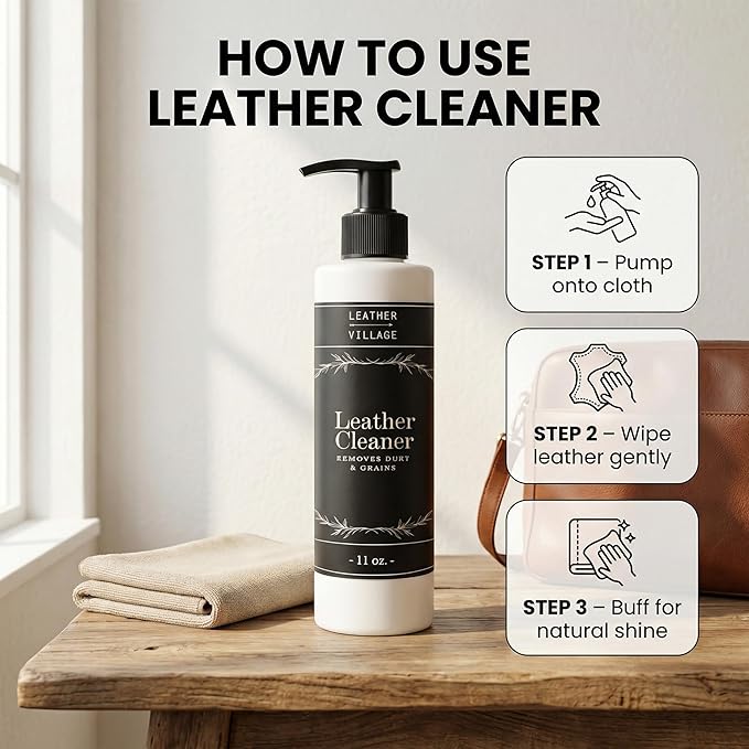 LEATHER VILLAGE Leather Cleaner and Conditioner for Car Seats, Furniture & Couch 2-in-1 Leather Care Kit with Wipe Cloth – Non-Toxic Stain Remover & Protectant for Shoes, Purse, Jacket, Bag | 11 oz