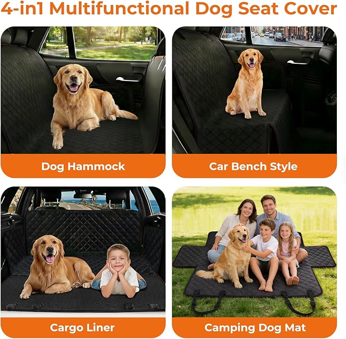 Dog Car Seat Cover for Pets Waterproof Seat Cover Hammock Nonslip Durable 600D Heavy Duty Scratch Proof Soft Back Seat Covers for Cars Trucks and SUVs, Black