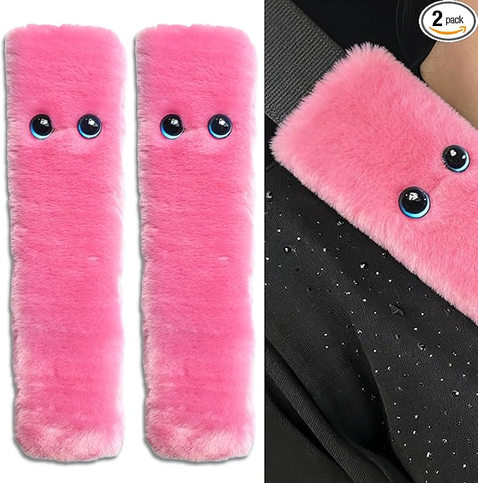 Pink Cat Eyes Seat Belt Strap Cover Pad, Cute Funny Interior Car Accessories Decor, for Auto Car Truck Pickup 2026, Artificial Soft Wool, Fluffy Shoulder Neck Cushion Protector, 2 PCS