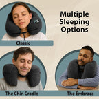FLOWZOOM Air Inflatable Neck Pillow for Traveling on Plane - H-Shape Hooded Airplane Pillow with 5 Snooze Modes, Fast Inflation, Pressure Control, Cozy Clip-On Hood & Plushy Cover - Size L, Jet Black