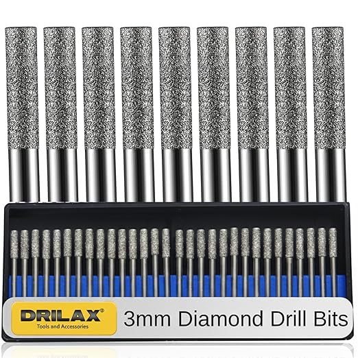 Drilax 30-Pc 3mm (1/8") Diamond Drill Bit Set | Dremel Compatible Wet Rotary Tool Bits for Jewelry Making, Sea Glass, Shells, Gemstones, Glass, Stone | Incl. Storage Case