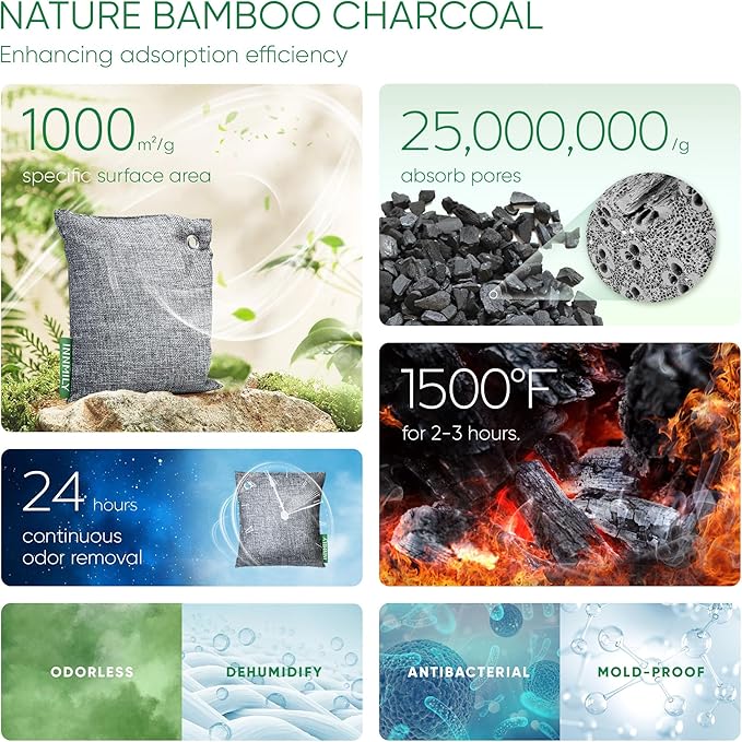 Activated Charcoal Odor Absorber,6 Pack Nature Odor Eliminator for Shoes, Bamboo Charcoal Air Purifying Bags,Shoe Deodorizer for Fresh Sneakers,Shoe Smell Remover