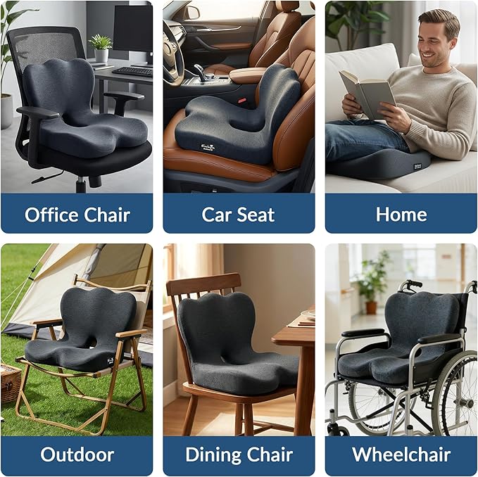 Exclusivo Mezcla Memory Foam Seat Cushion, Ergonomic Tailbone Pain Relief Cushions, Non-Slip Seat Pad for Office Chair and Car Seat, Black