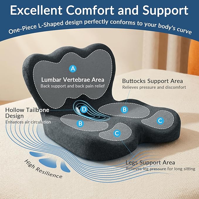 Exclusivo Mezcla Memory Foam Seat Cushion, Ergonomic Tailbone Pain Relief Cushions, Non-Slip Seat Pad for Office Chair and Car Seat, Black